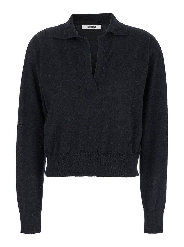 Black Long Sleeve Polo Shirt Knit Woman Polyamide Alpaca Wool Tshirts And