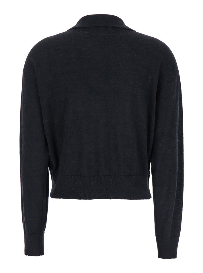 Black Long Sleeve Polo Shirt Knit Woman Polyamide Alpaca Wool Tshirts And