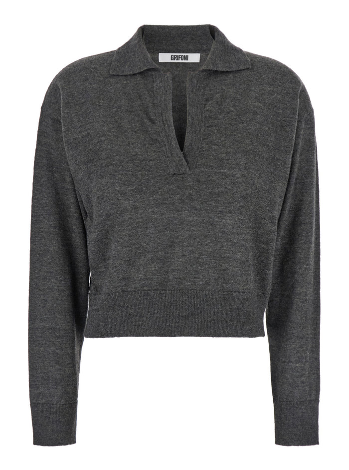 Grey Long Sleeve Polo Shirt Knit Woman Polyamide Alpaca Wool Tshirts And
