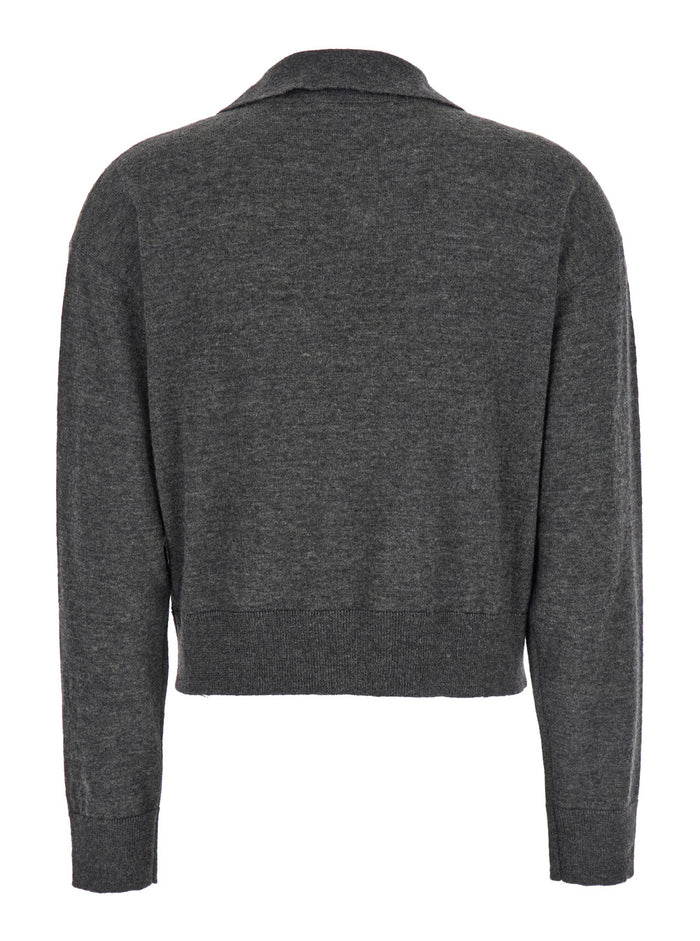 Grey Long Sleeve Polo Shirt Knit Woman Polyamide Alpaca Wool Tshirts And