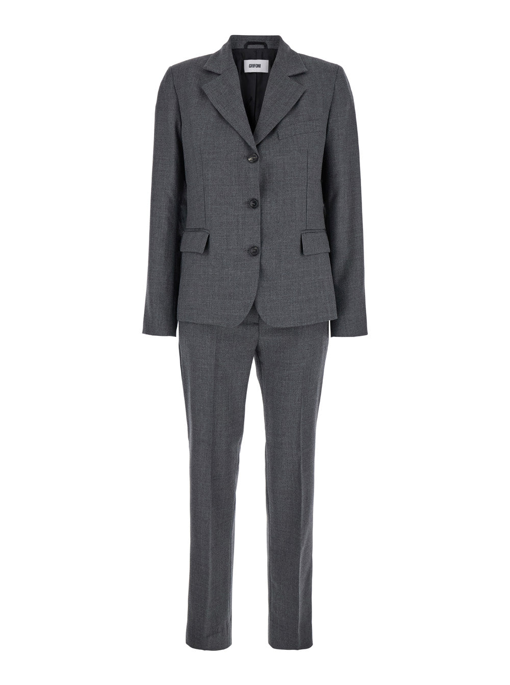 Grey Single-Breasted Suit With Notched Revers Wool Blend Stretch Woman Suits