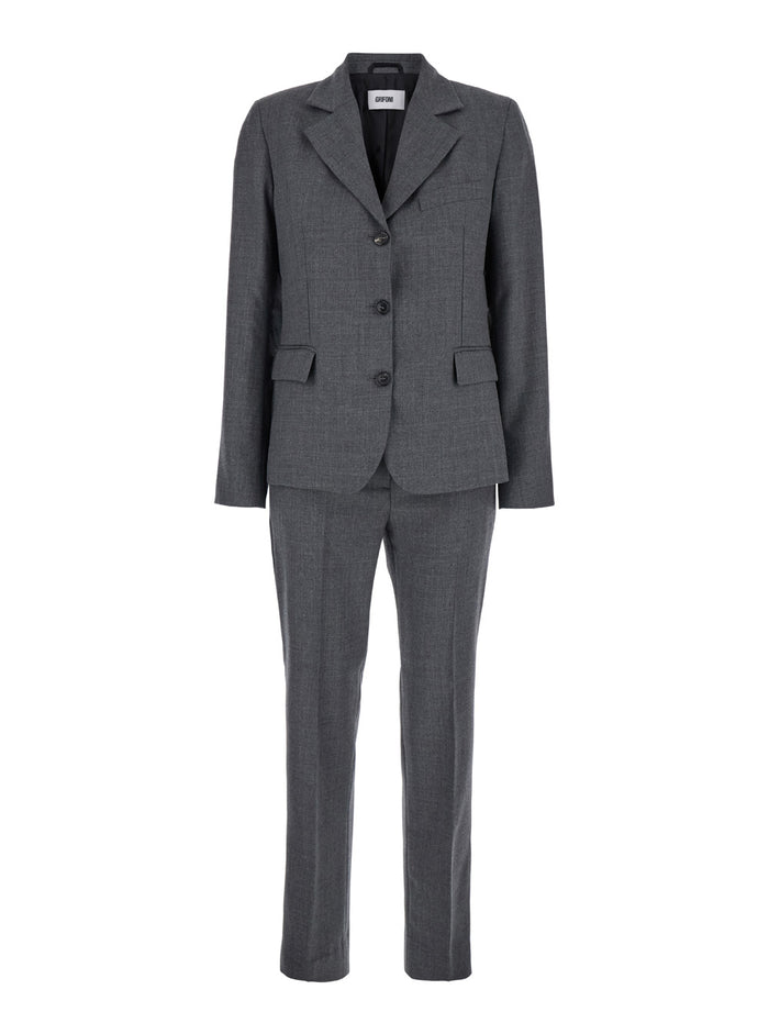 Grey Single-Breasted Suit With Notched Revers Wool Blend Stretch Woman Suits