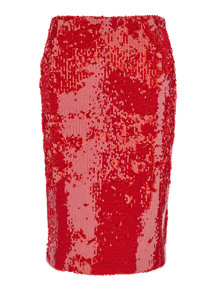 Red Rhinestoned Skirt With High Waist Tech Fabric Stretch Woman Polyester Elastan