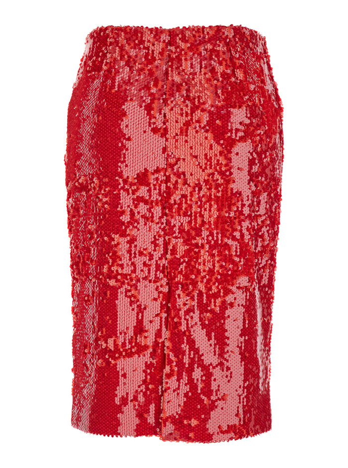 Red Rhinestoned Skirt With High Waist Tech Fabric Stretch Woman Polyester Elastan