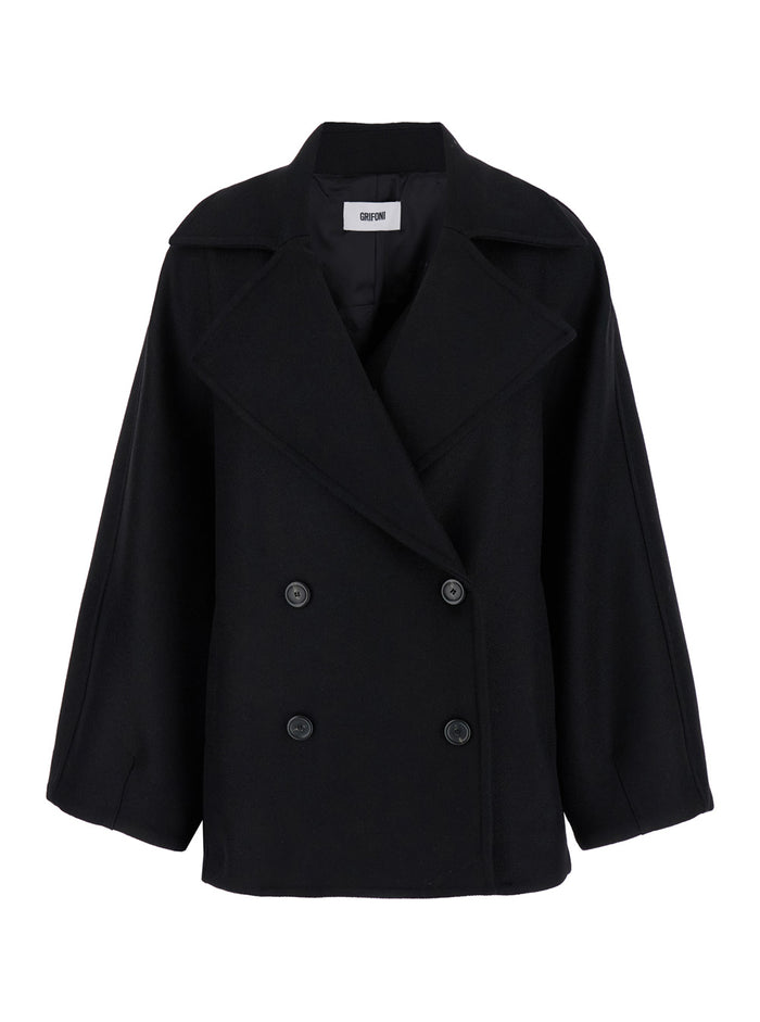 Black Oversize Double-Breasted Jacket Wool Woman Virgin Blazers