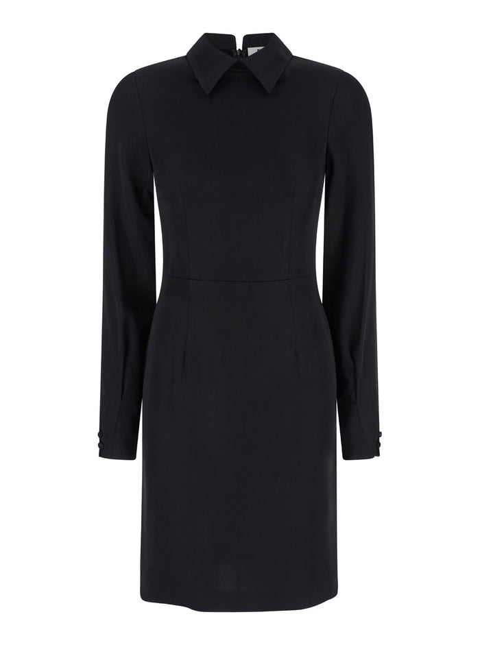 Black Dress With Classic Collar Viscose Stretch Woman Elastan