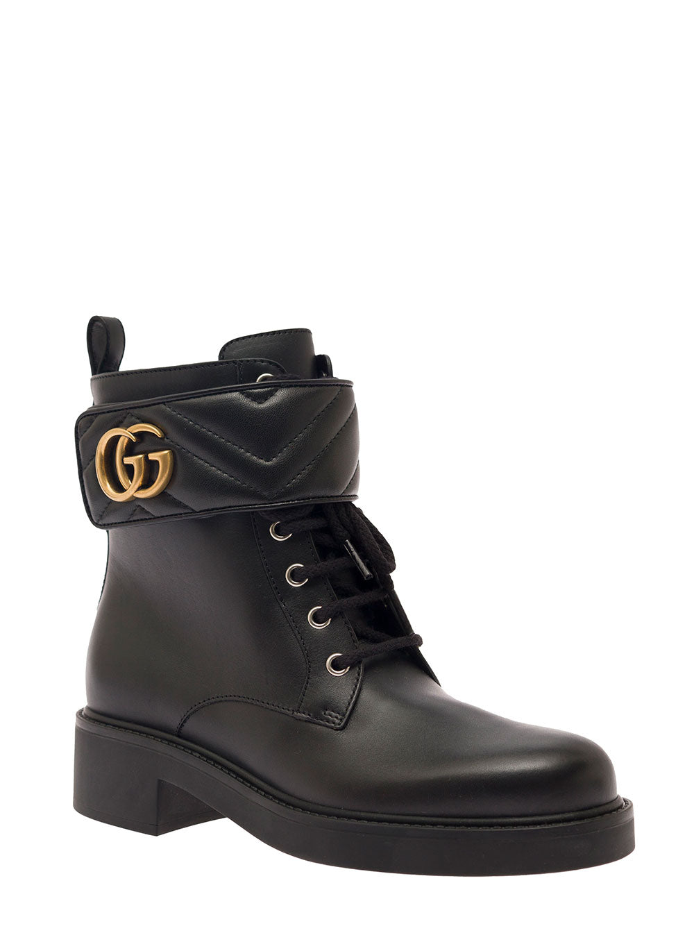 Black Ankle Boot with Double G and Textured Hardware in Leather Woman Half Calf