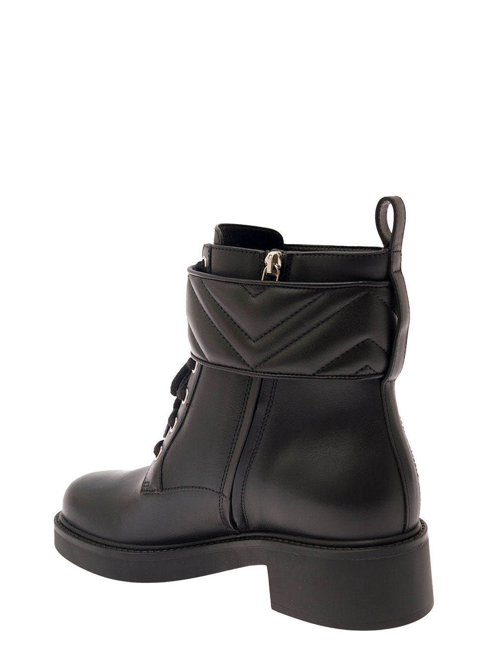 Black Ankle Boot with Double G and Textured Hardware in Leather Woman Half Calf