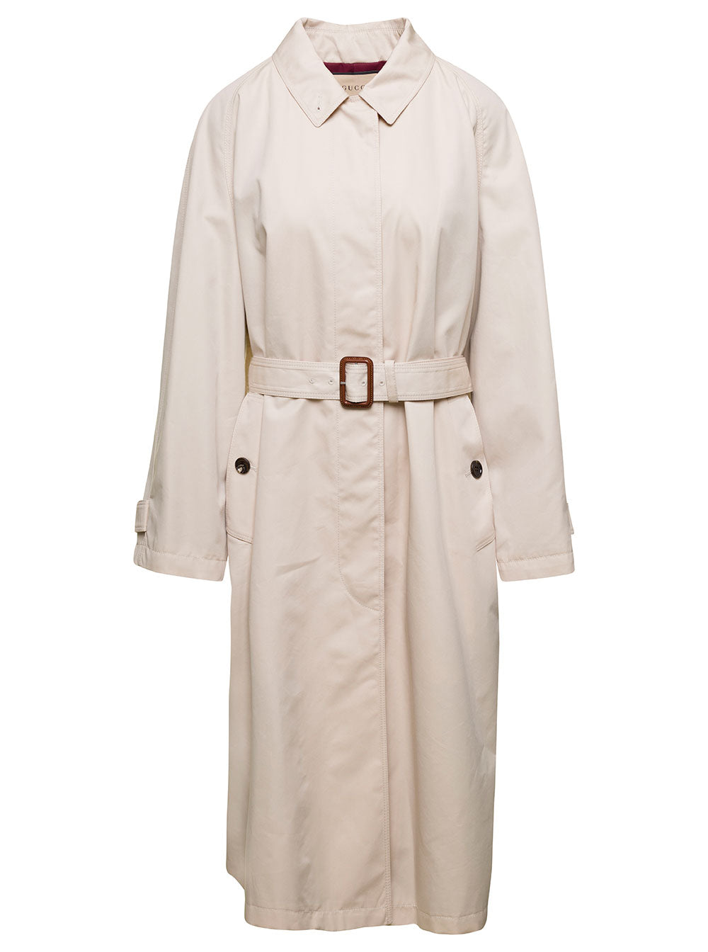 Beige Single-Breasted Trench Coat With Matching Belt Cotton Blend Woman Polyamide