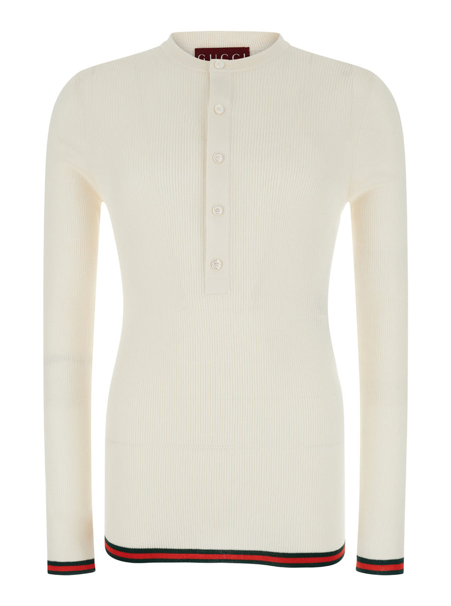 White Long Sleeved Rib Silk Top Fabric Tops