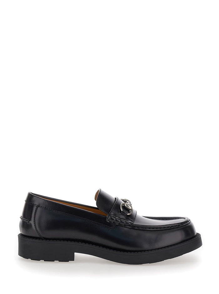 Black Chunky Loafers With Horsebit Detail Leather Man Calf Skin