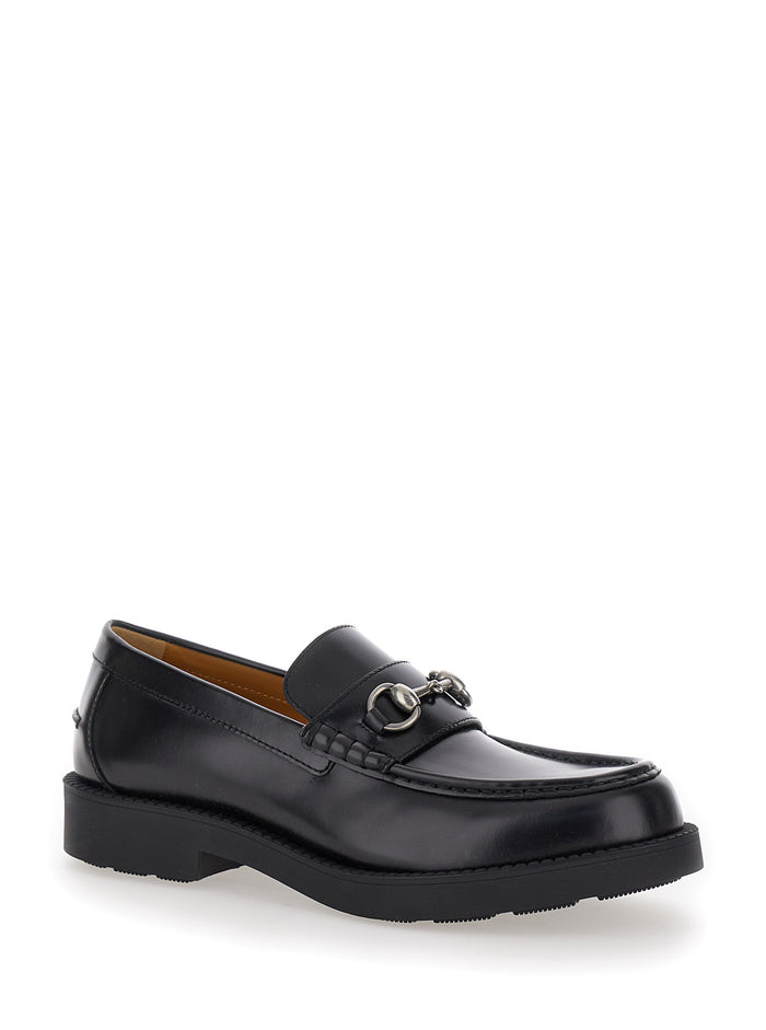 Black Chunky Loafers With Horsebit Detail Leather Man Calf Skin