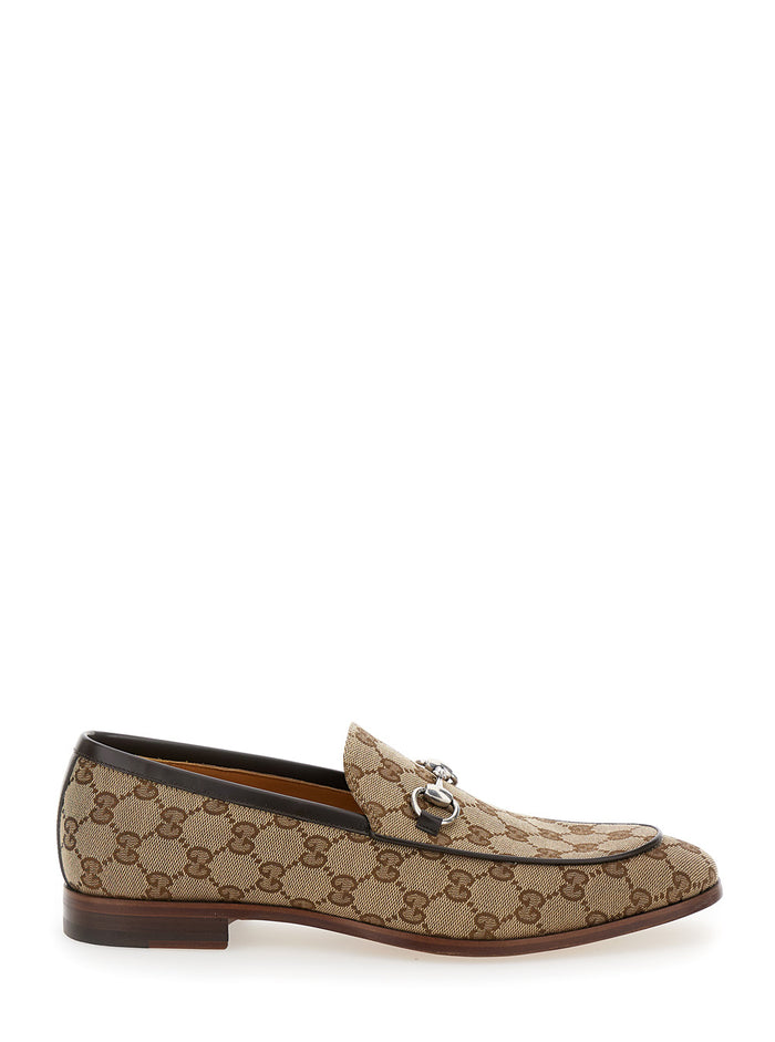 Beige And Ebony Loafers With Horsebit Gg Supreme Canvas Man Polyester Cotton Polyamide