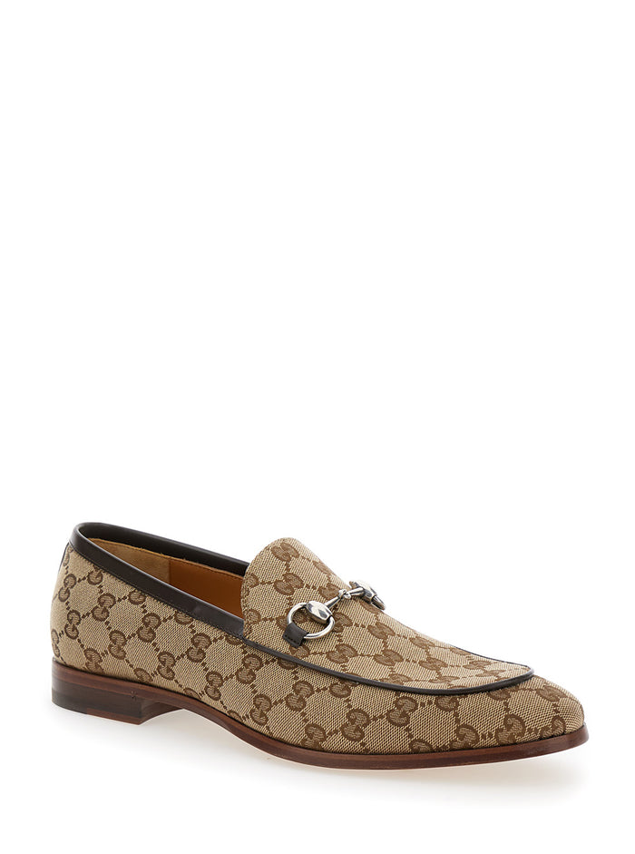 Beige And Ebony Loafers With Horsebit Gg Supreme Canvas Man Polyester Cotton Polyamide
