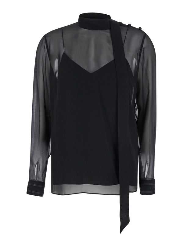 Black Silk Georgette Blouse With Bow Neck Fabric Blouses