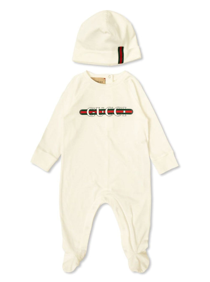 White Romper And Beanie Set With Logo Fabric Baby Suits