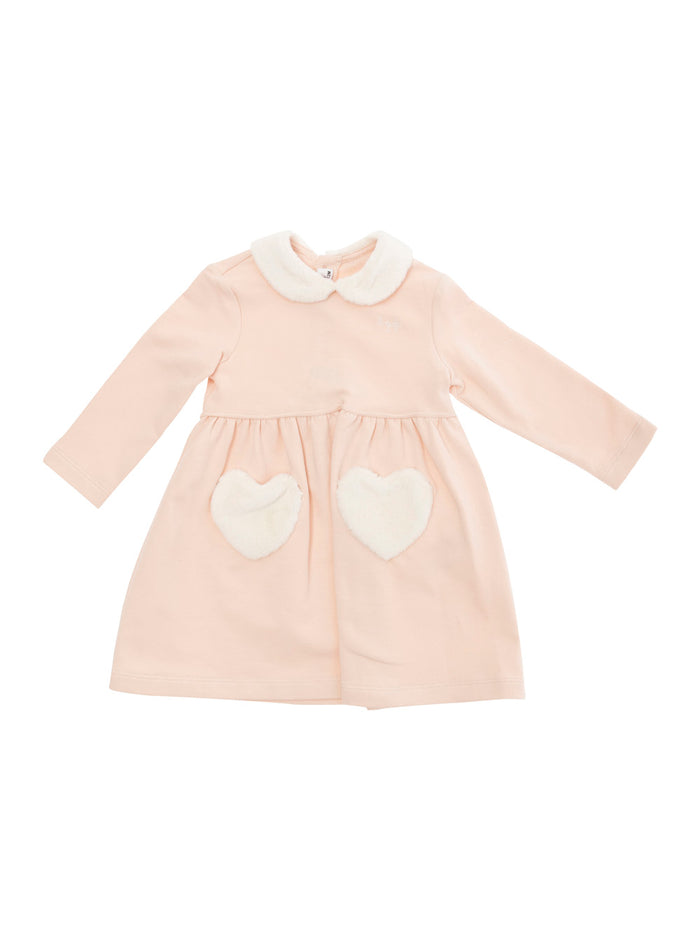 Pink Dress With Peter Pan Collar And Logo Detail On The Front Cotton Stretch Baby Elastane