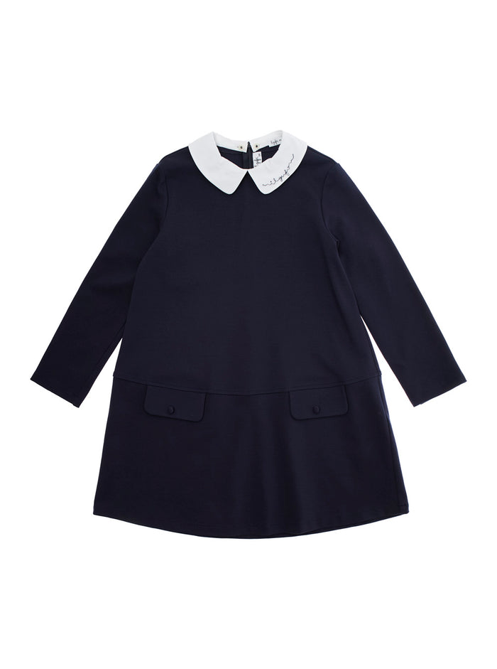 Milano Blue Dress With Embroidered Collar Stretch Fabric Girl Blu Viscose Polyamide Elastane
