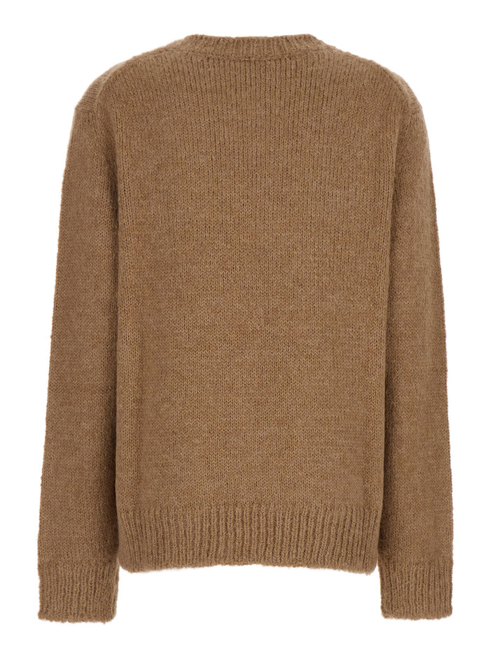 Oversized Beige Sweater with Ribbed Trim in Wool Woman Jersey