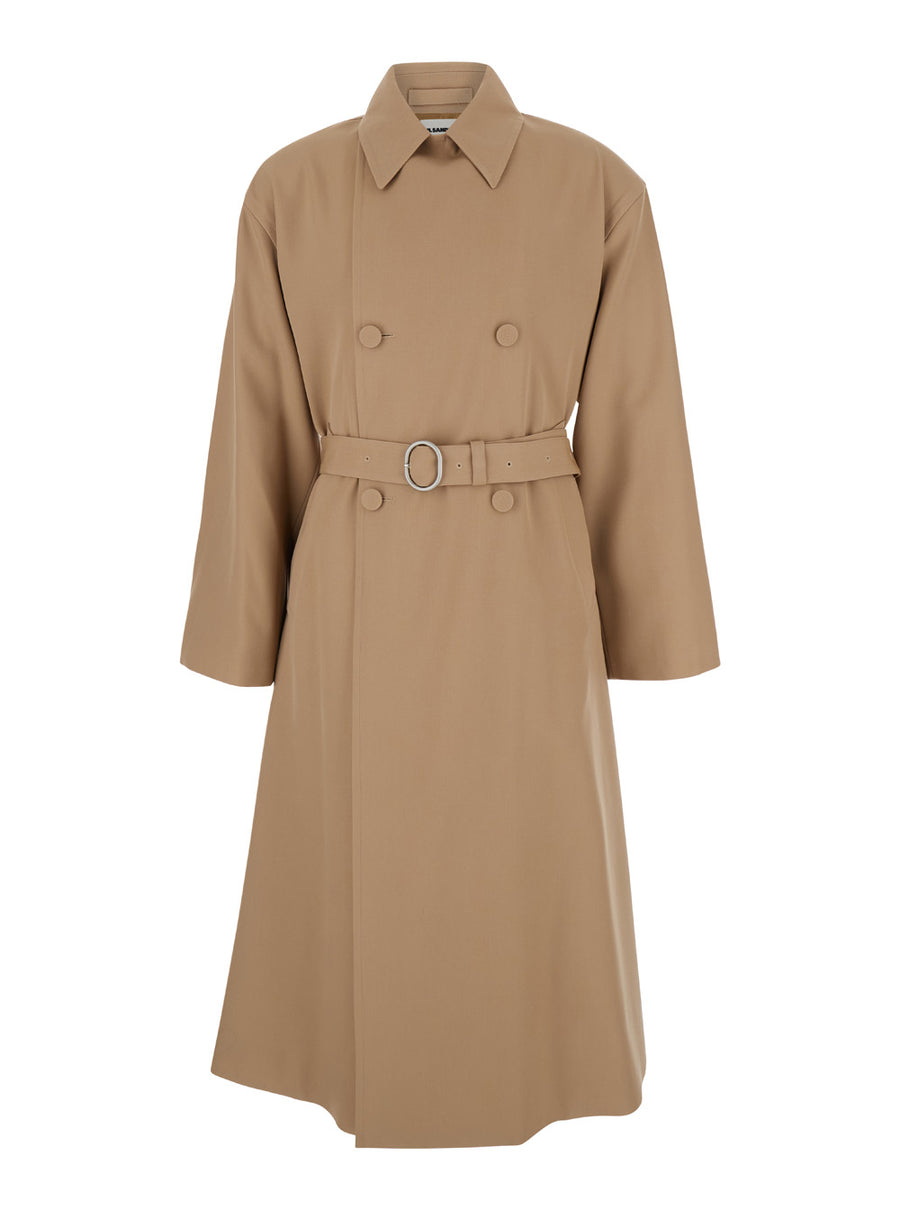 Beige Double Breasted Trench Coat With Belt Wool