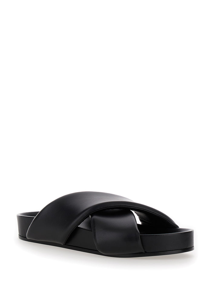 Black Sandals With Criss Cros Bands Smooth Leather Man Flat Shoes