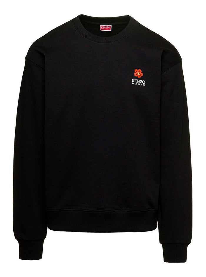 Black Crewneck Sweatshirt With Logo Patch Cotton Man Sweatshirts