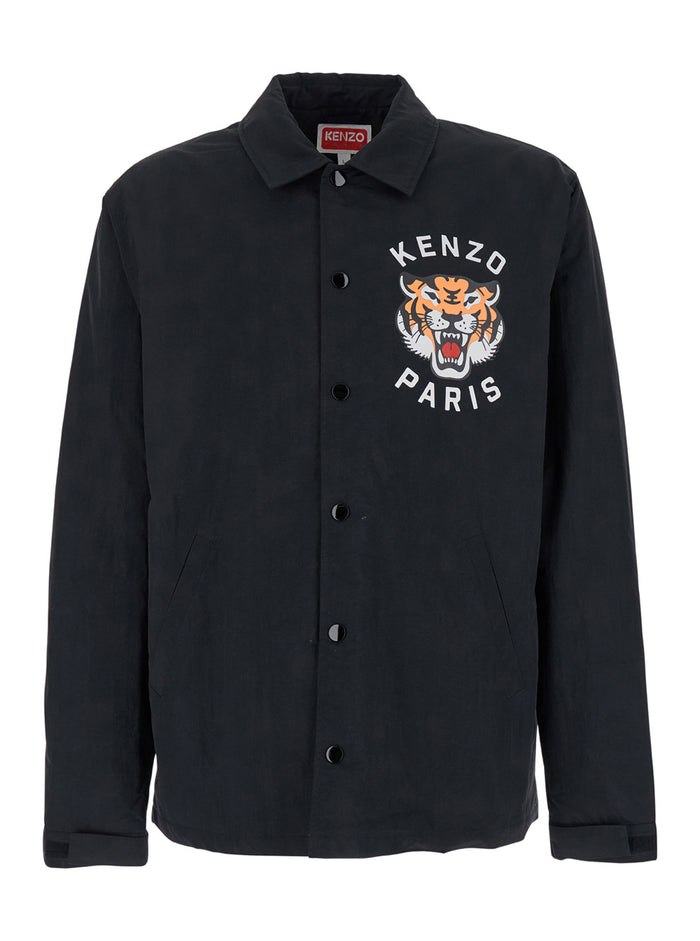 Black Overshirt With Tiger Embroidery Tech Fabric Man Nylon Outerwear