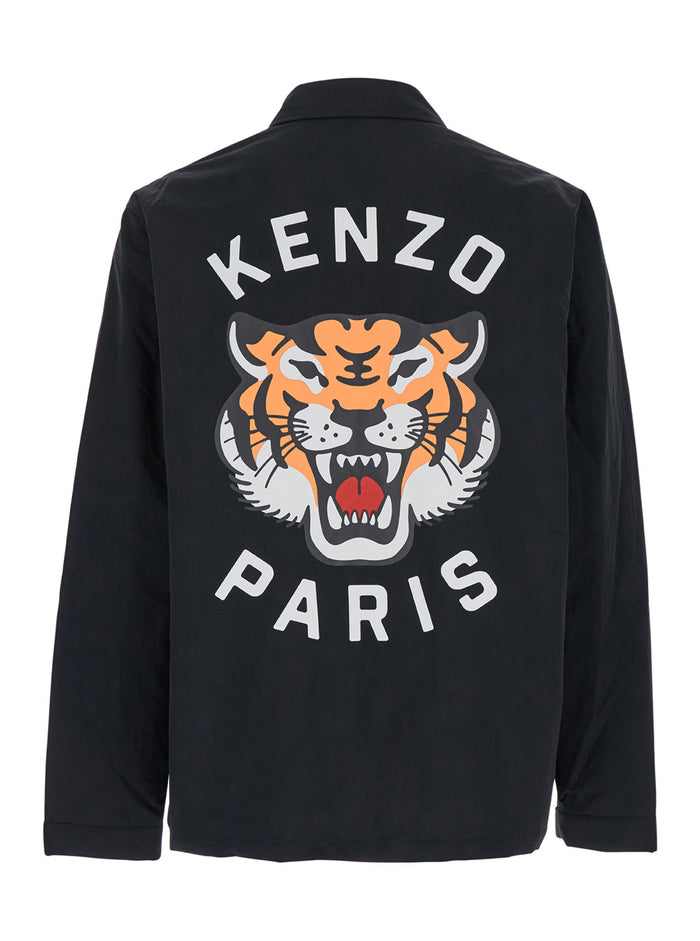 Black Overshirt With Tiger Embroidery Tech Fabric Man Nylon Outerwear