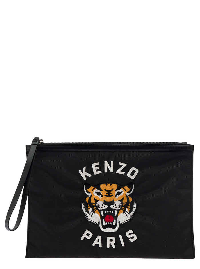 Kenzo Varsity Big Black Clutch With Tiger Patch Nylon Man Polyester Clutches And Pochettes