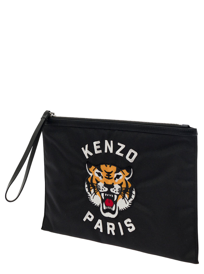 Kenzo Varsity Big Black Clutch With Tiger Patch Nylon Man Polyester Clutches And Pochettes