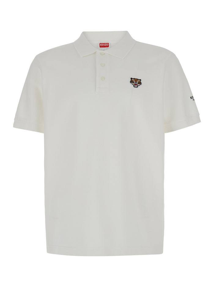 White Polo Shirt With Tiger Patch Cotton Man Tshirts And