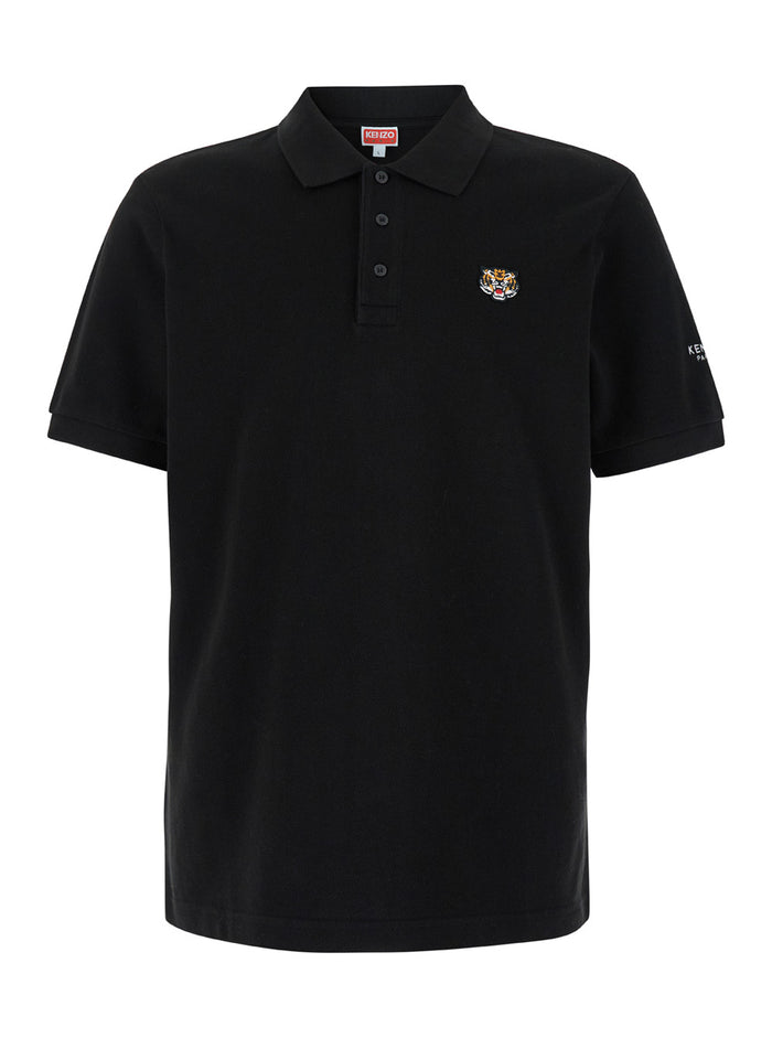 Black Polo Shirt With Tiger Patch Cotton Man Tshirts And