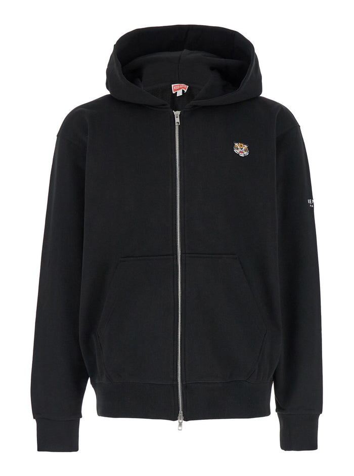 Black Sweatshirt With Hood And Logo Patch On The Front Cotton Man Sweatshirts