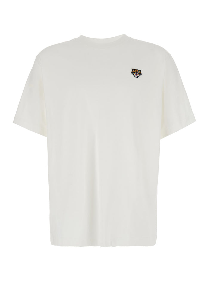 White Crewneck T-Shirt With Logo Patch On The Front Cotton Man Tshirts And Polo Shirts