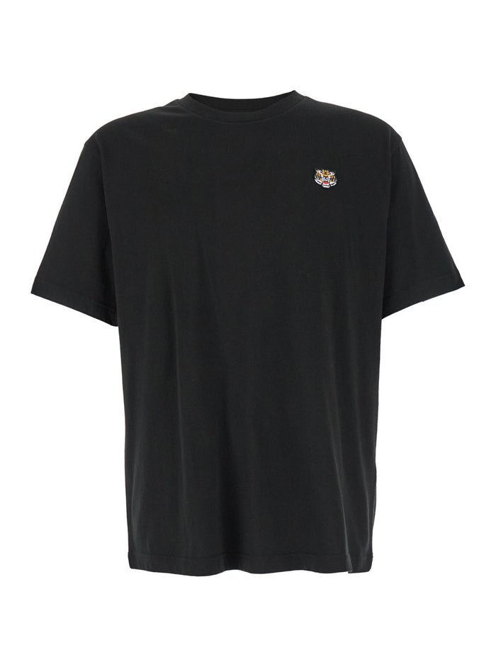 Black Crewneck T-Shirt With Logo Patch On The Front Cotton Man Tshirts And Polo Shirts