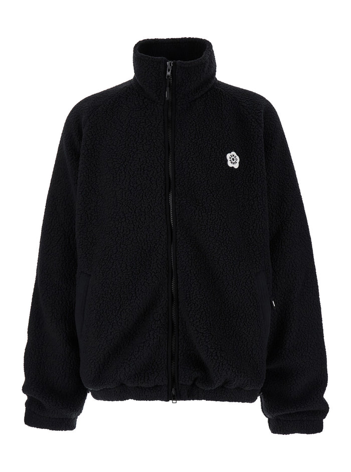 Black High Neck Jacket With Logo Patch Fleece Man Polyester