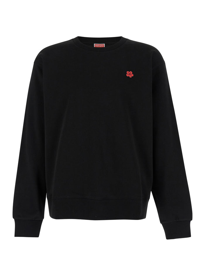 Black Sweater With Boke Flower Patch Cotton Man Jersey