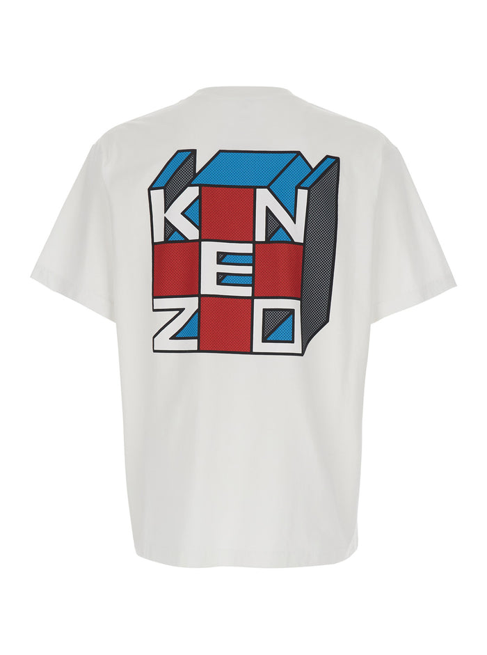 White Crewneck T-Shirt With Kube Logo Print Cotton Man Tshirts And Polo Shirts