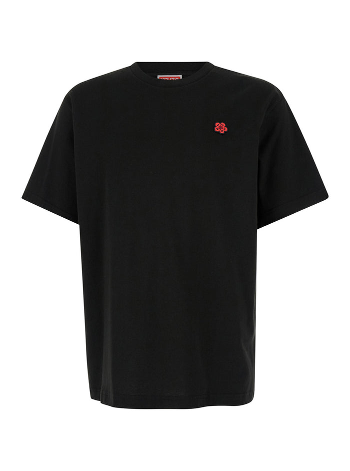 Black Crewneck T-Shirt With Boke Flowers Cotton Man Tshirts And Polo Shirts