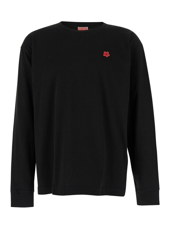 Black Long Sleeve T-Shirt With Boke Flower Patch Cotton Man Tshirts And Polo Shirts