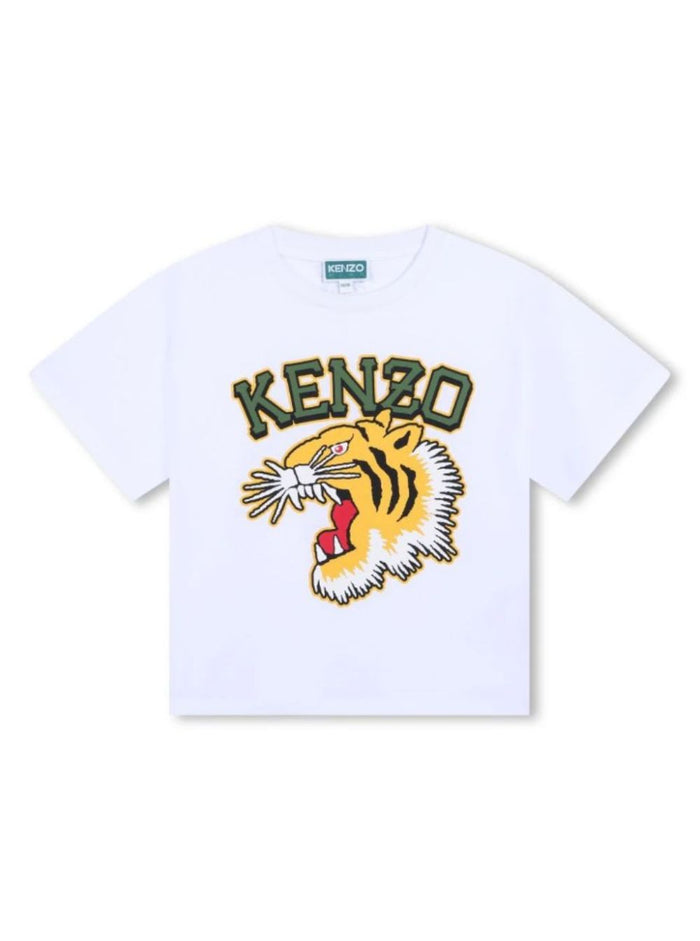 White Crewneck T-Shirt With Maxi Logo Print On The Front And Lettering Rear Cotton Boy Tshirts Polo Shirts