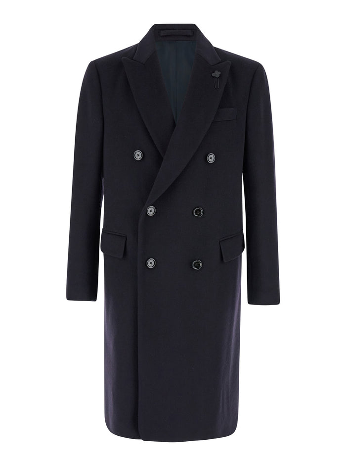 Black Double-Breasted Coat Wool Man Blu