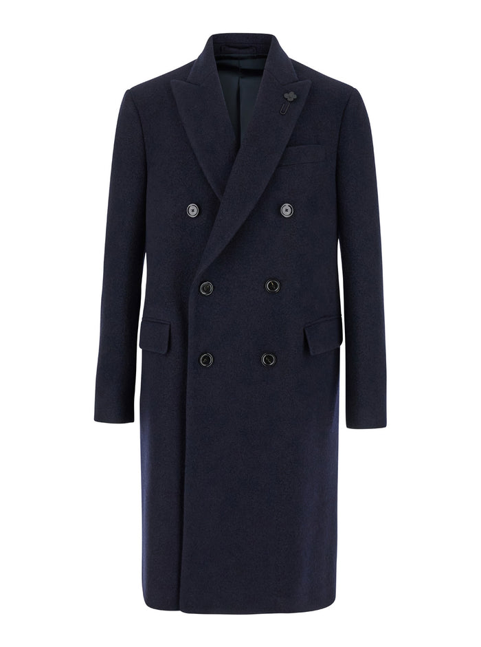 Blue Double-Breasted Coat With Peak Revers Wool Man Blu Silk