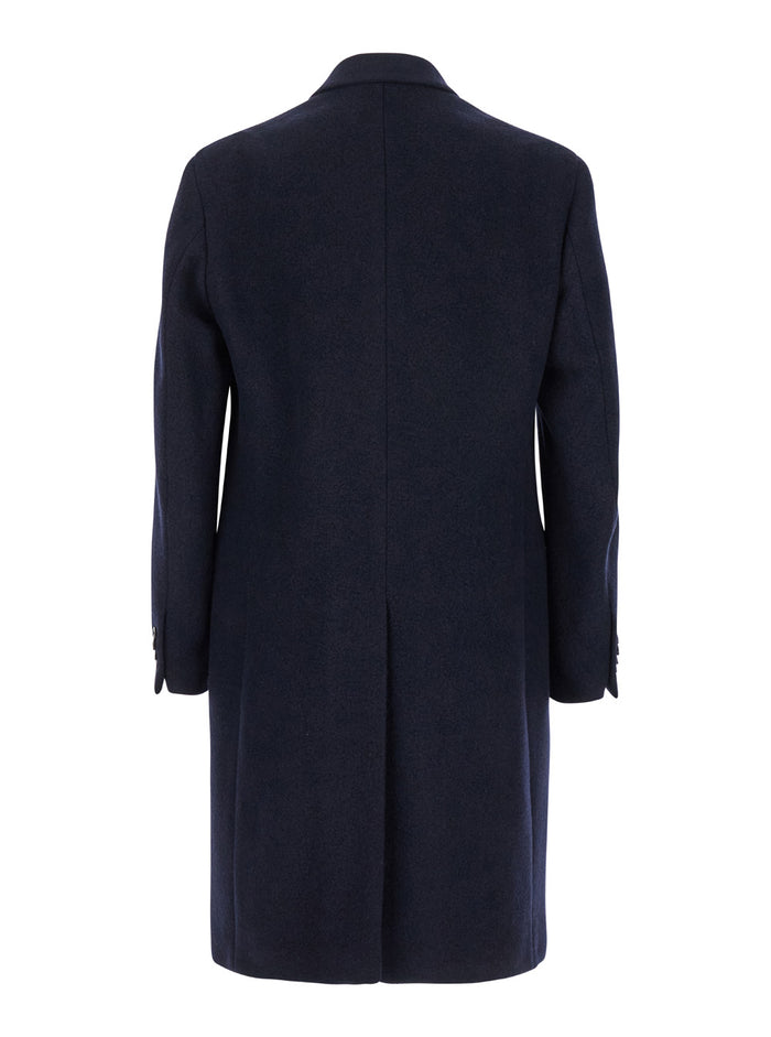 Blue Double-Breasted Coat With Peak Revers Wool Man Blu Silk