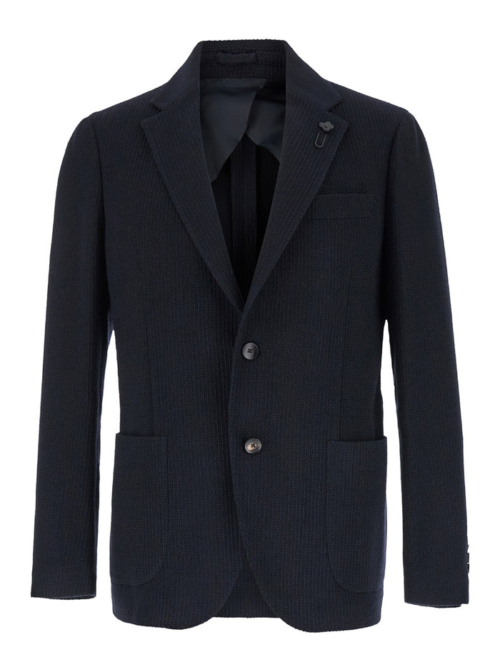Blue Single-Breasted Jacket With Logo Pin Wool And Cotton Blend Man Blu Blazers