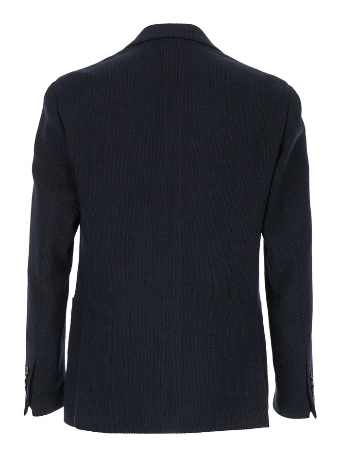 Blue Single-Breasted Jacket With Logo Pin Wool And Cotton Blend Man Blu Blazers