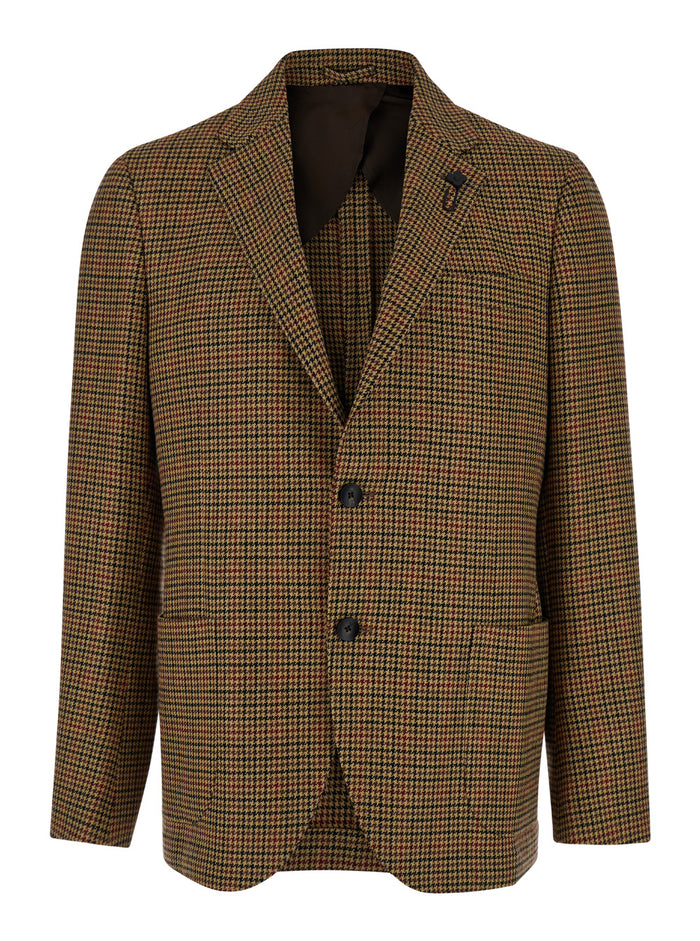Dark Beige Single-Breasted Jacket With Check Motif Wool And Cashmere Man Blazers