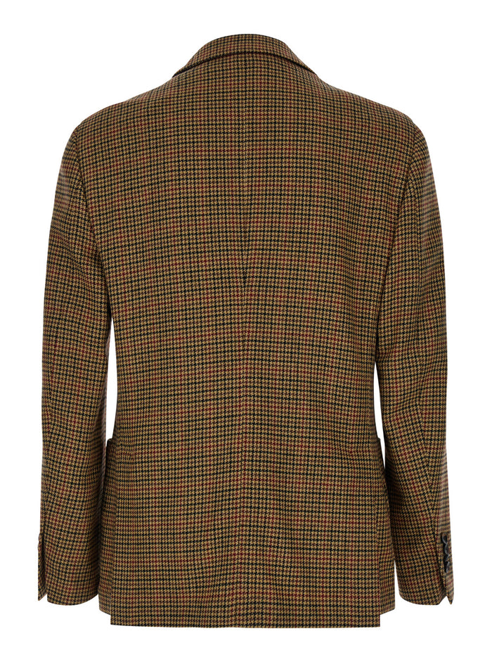 Dark Beige Single-Breasted Jacket With Check Motif Wool And Cashmere Man Blazers