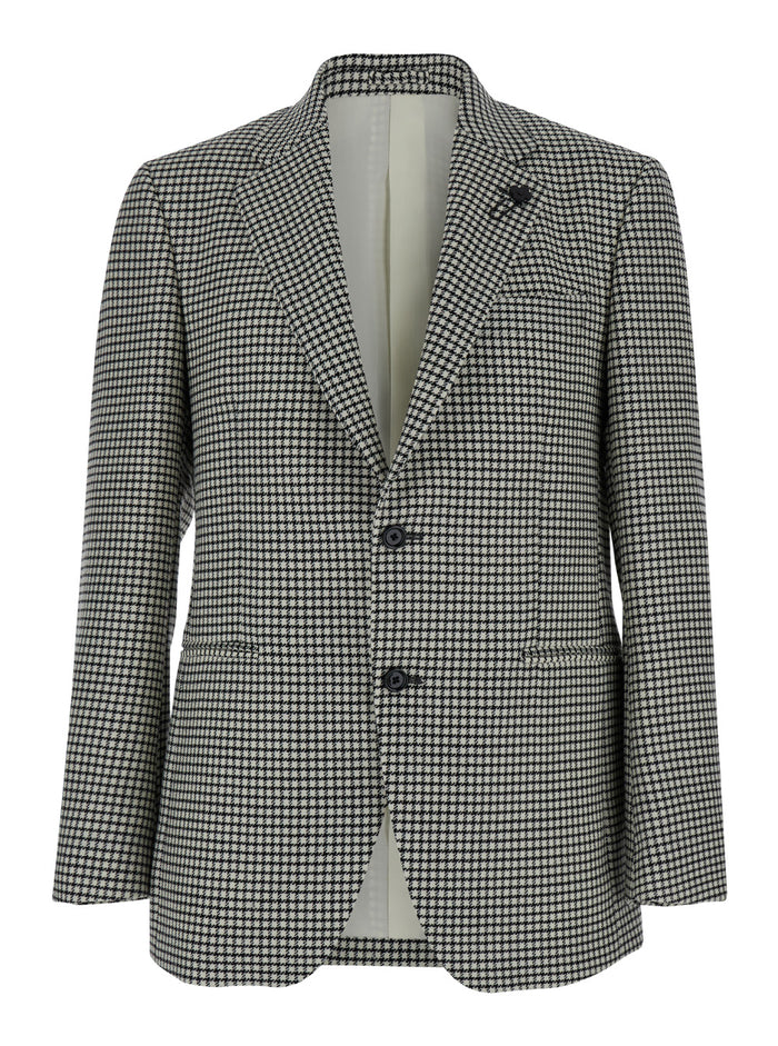 Black And White Single-Breasted Jacket With Houndstooth Wool Man Grey Blazers
