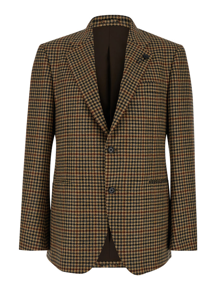 Beige Single-Breasted Jacket With Houndstooth Wool Man Cashmere Blazers